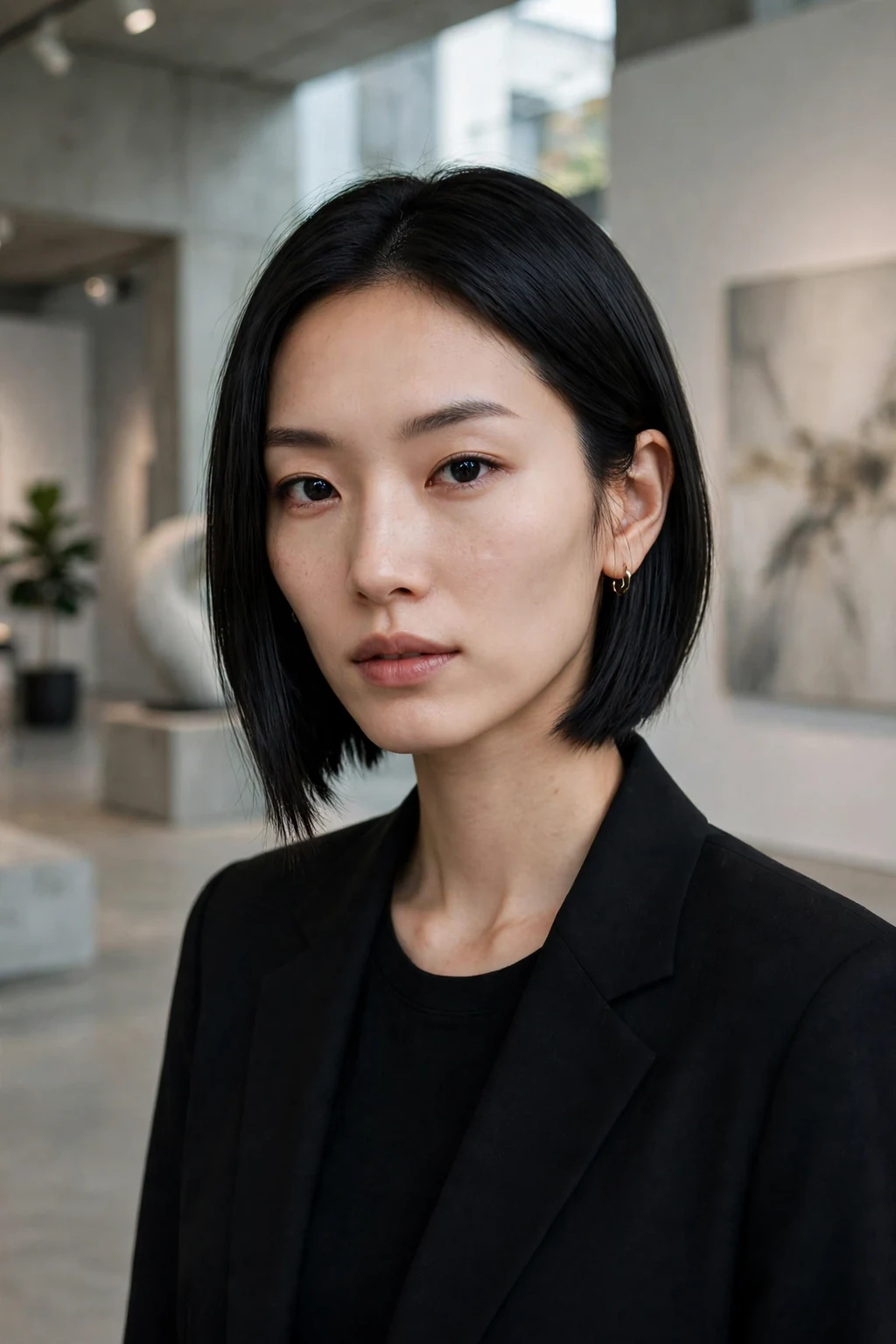A young woman with an asymmetrical chin-length bob, wearing a black blazer in a modern art gallery.