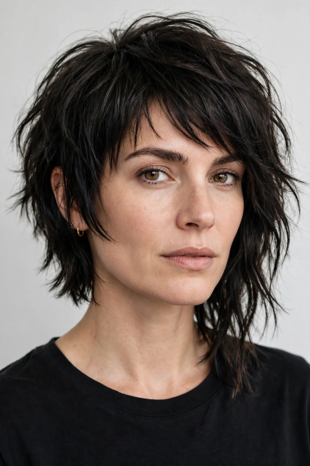 Woman with asymmetrical choppy bob, one side longer, edgy modern cut, studio lighting.