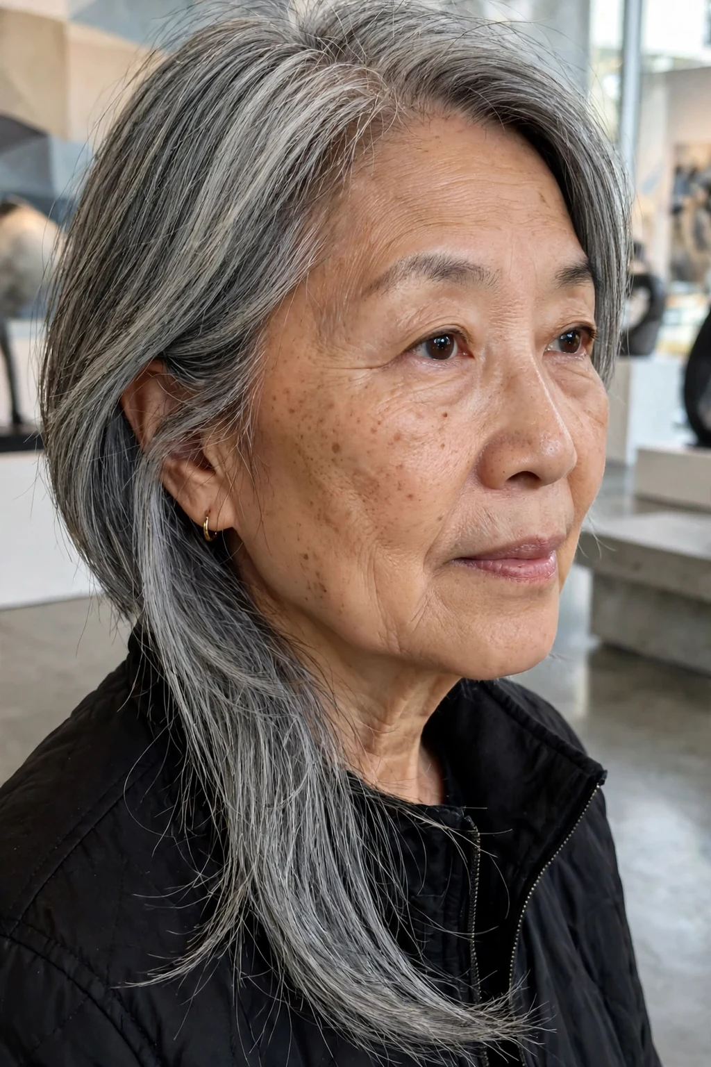A mature East Asian woman in her sixties with an asymmetrical gray bob, wearing a black jacket in an art gallery.