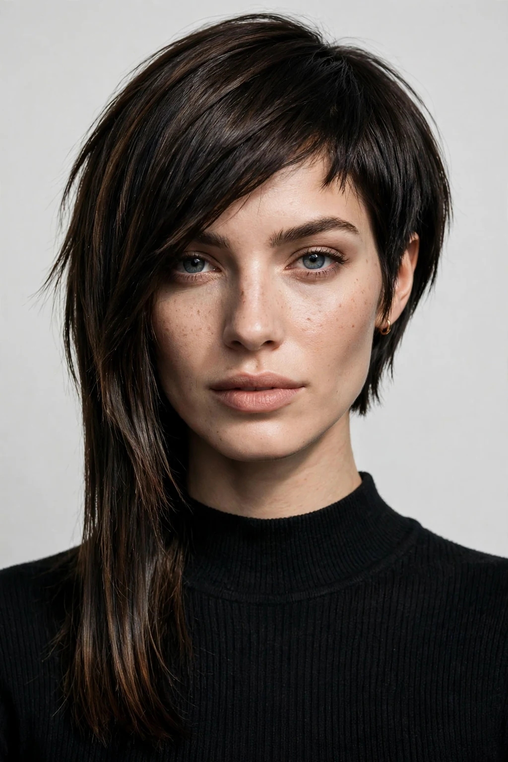 Woman with asymmetrical lob, bold modern uneven shape, edgy refined light.