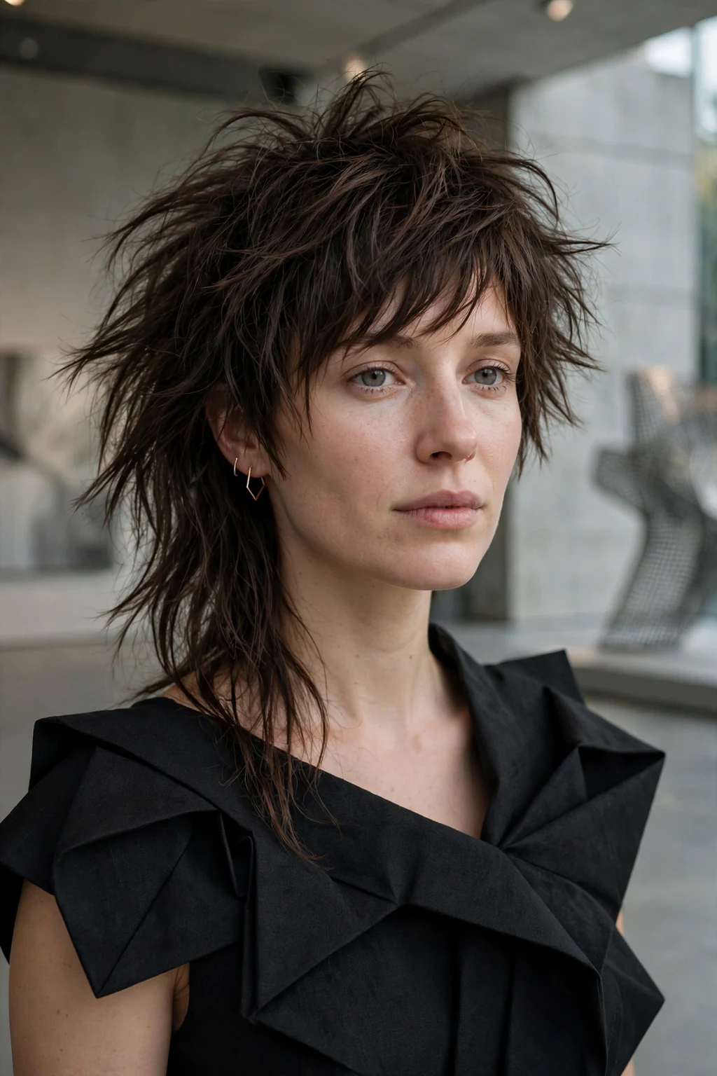 Beautiful woman with asymmetrical long shag, bold asymmetrical long shag, artistic light.
