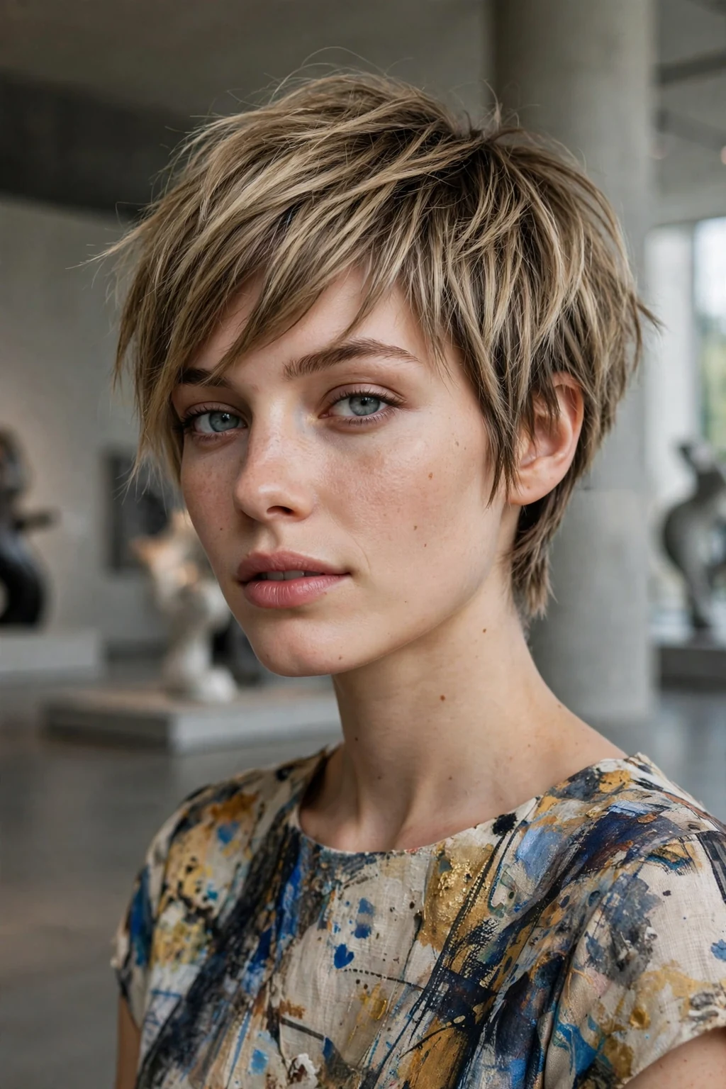 Beautiful woman with asymmetrical pixie bangs, artistic asymmetrical pixie, creative light.