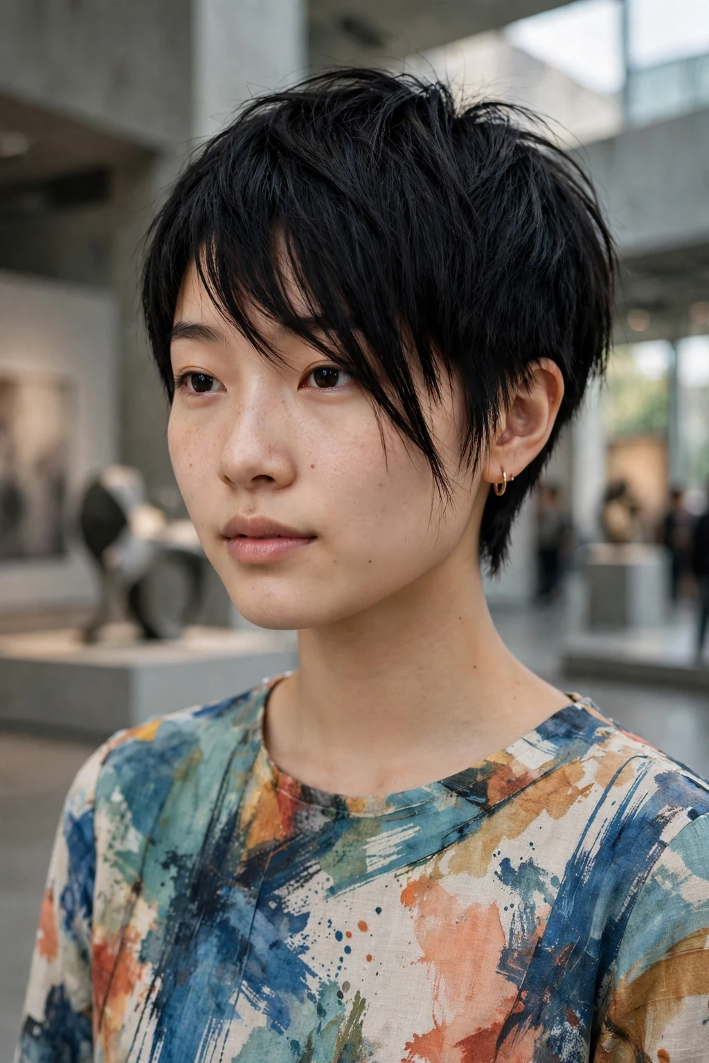 Beautiful woman with asymmetrical pixie bangs, bold asymmetrical pixie bangs, artistic light.