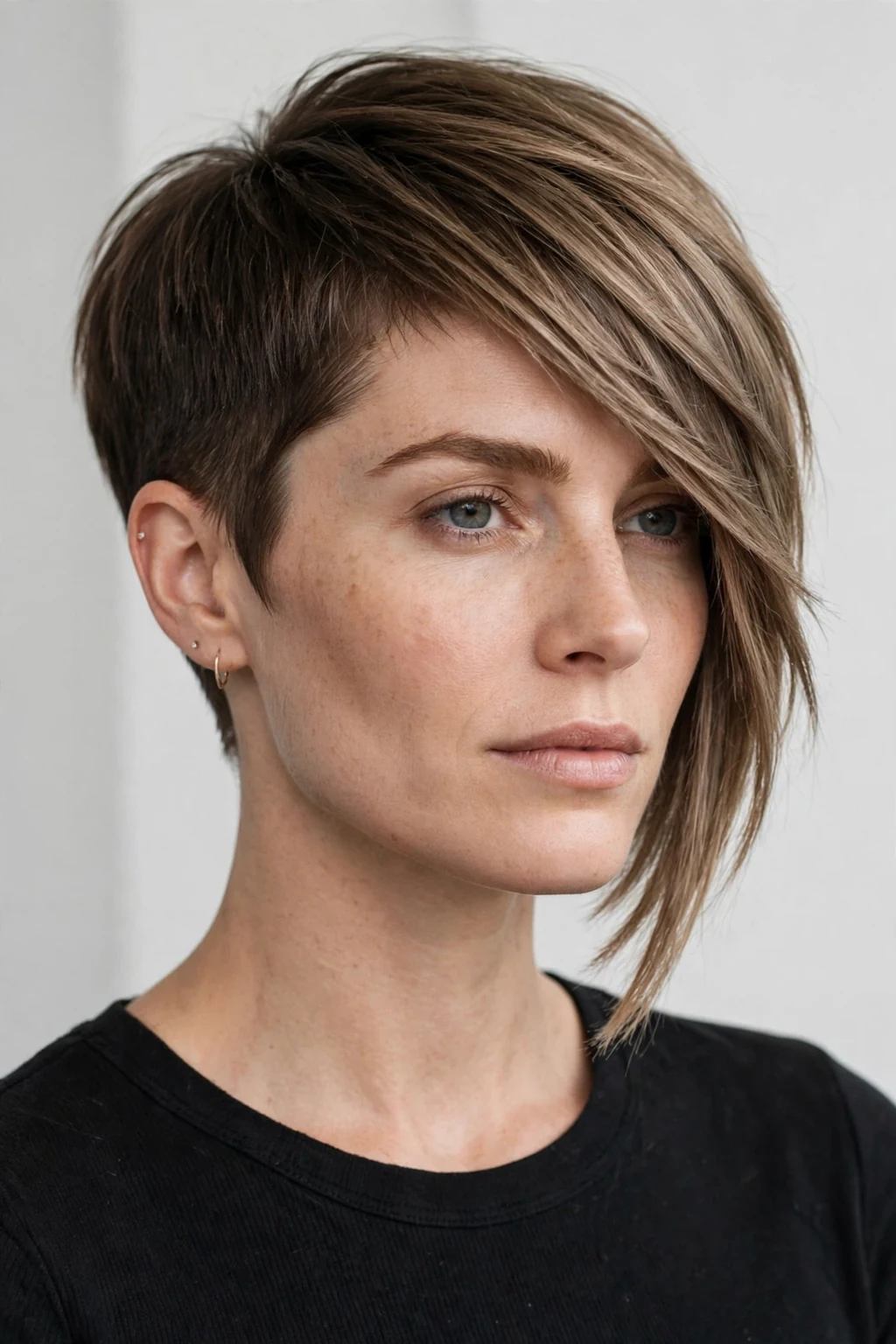 Woman with asymmetrical pixie bob, one side longer, edgy modern shape.