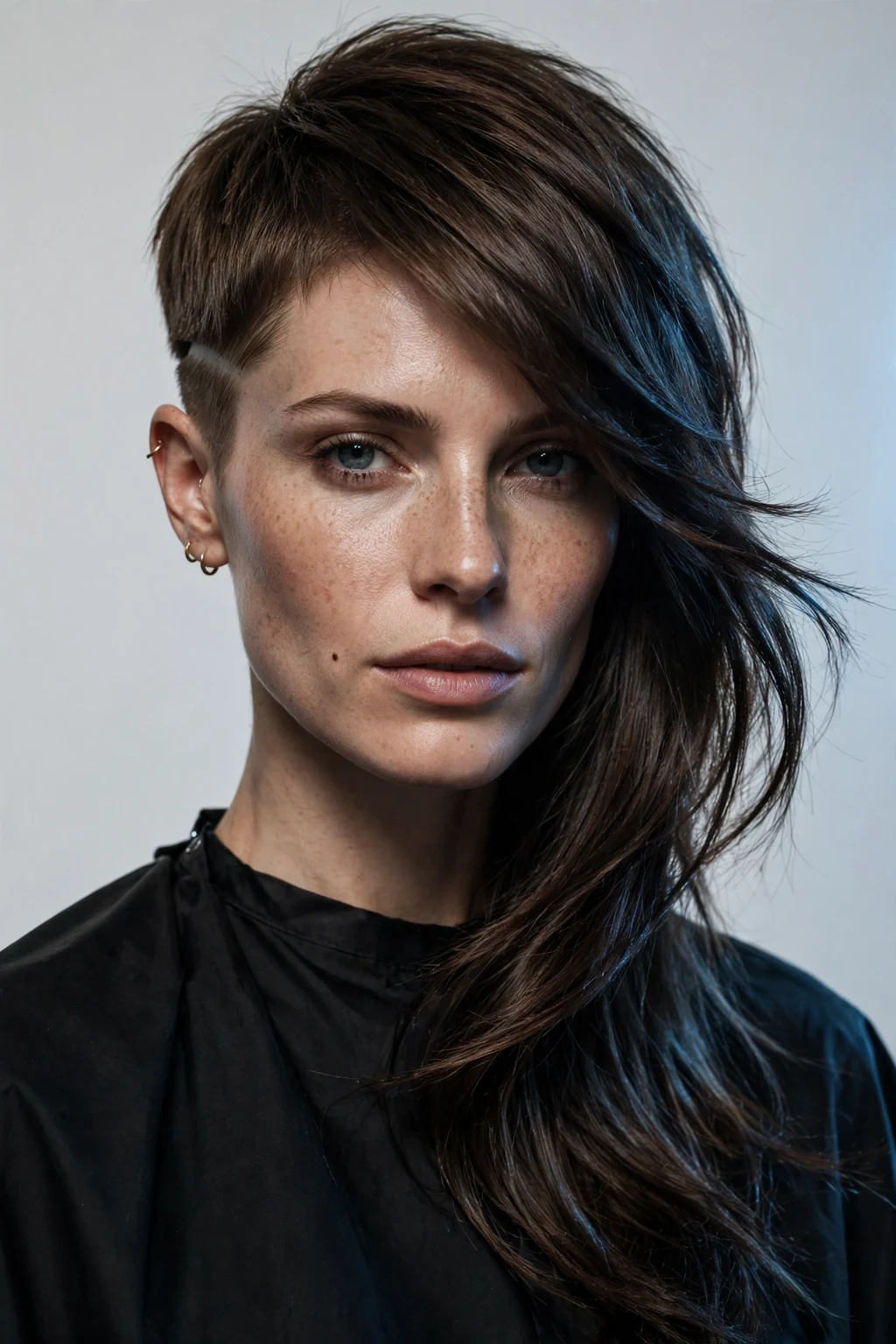 Woman with asymmetrical pixie, dramatic longer side, modern edgy light.