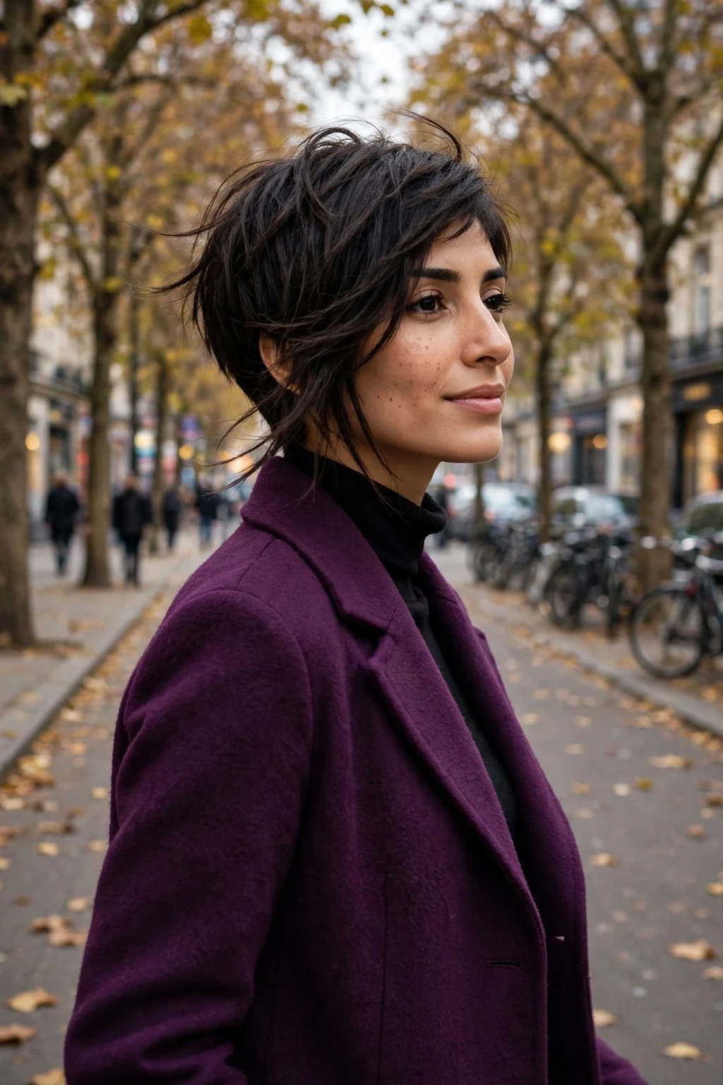 A young woman with an asymmetrical pixie, one side longer than the other with a dramatic sweeping fringe.