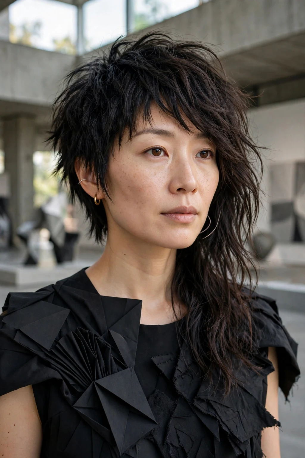 Beautiful woman with asymmetrical shag cut, bold asymmetrical shag, striking light.