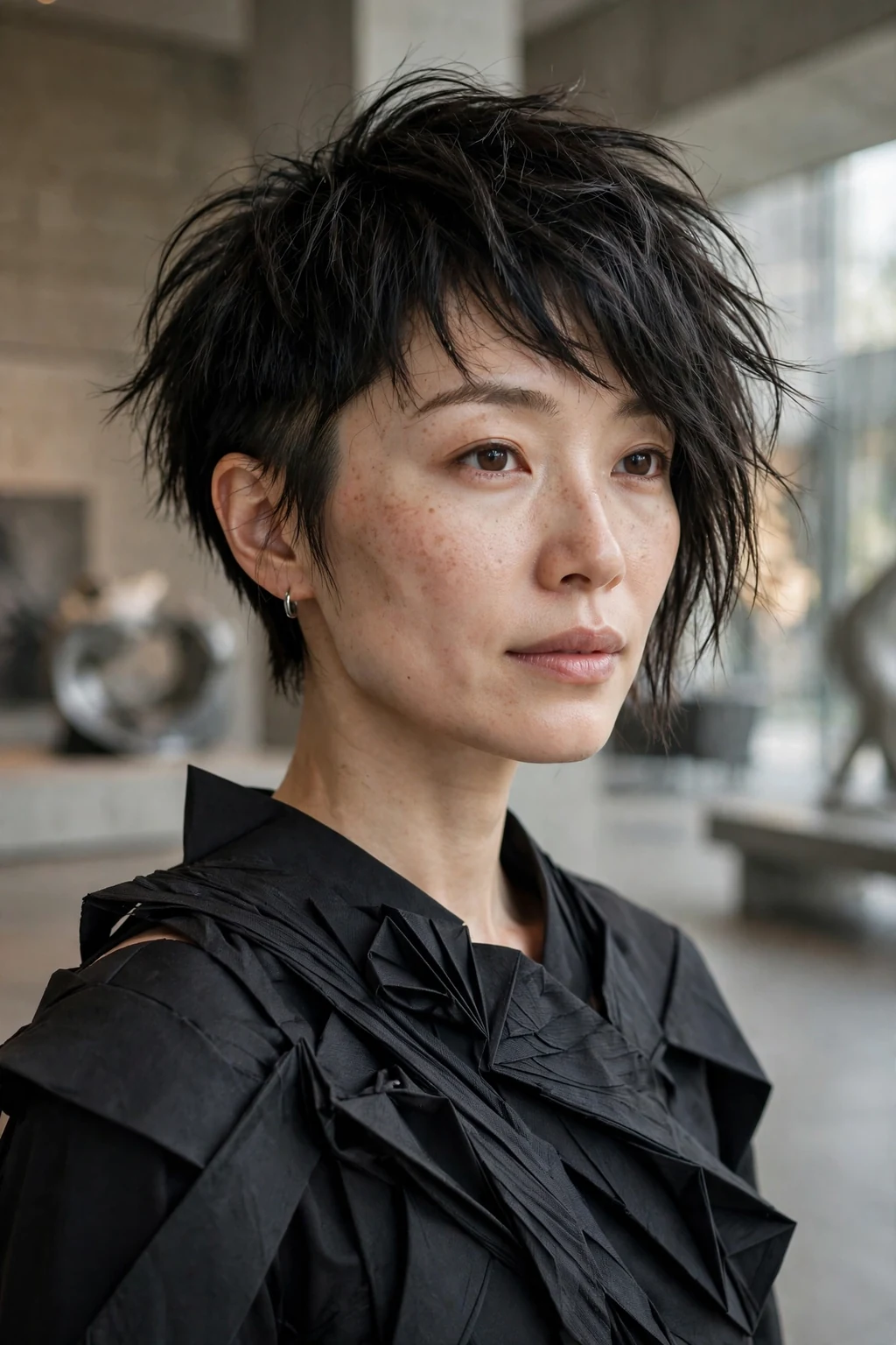 Beautiful woman with fine hair and asymmetrical shag, bold asymmetrical shag, artistic light.