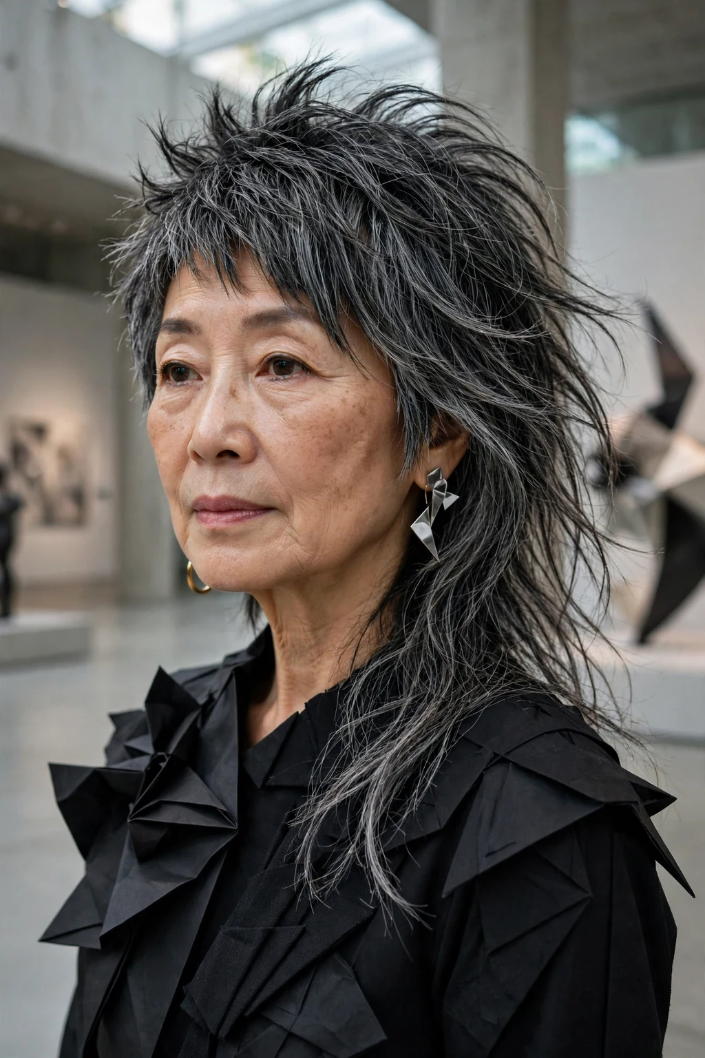 Beautiful woman over 60 with asymmetrical shag, bold asymmetrical shag, artistic light.