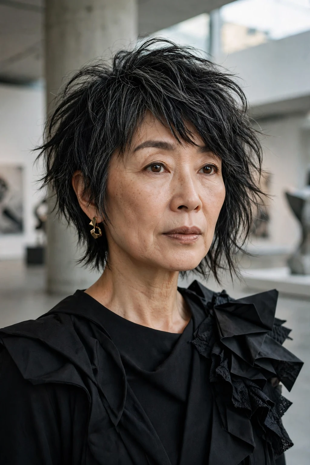 Beautiful woman over 50 with asymmetrical shag, bold asymmetrical shag, artistic light.