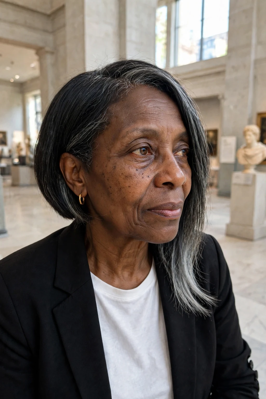 An older woman with an asymmetrical short bob, wearing a black blazer in a museum.