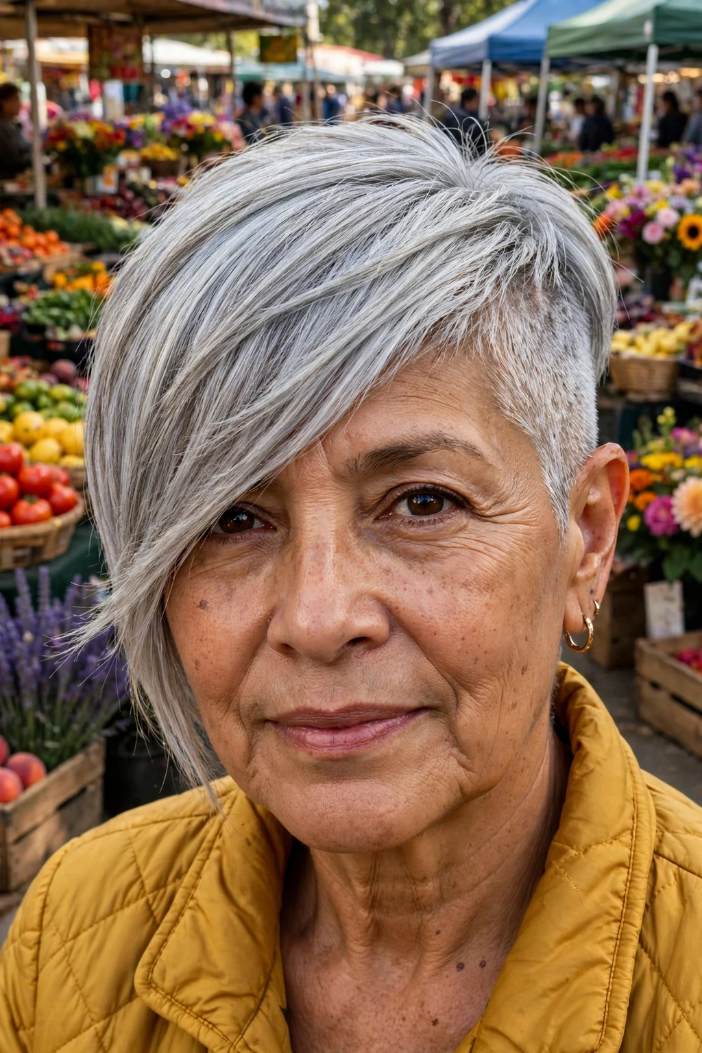 A woman in her mid 60s with an asymmetrical silver pixie cut, wearing a mustard yellow jacket at a farmers market.