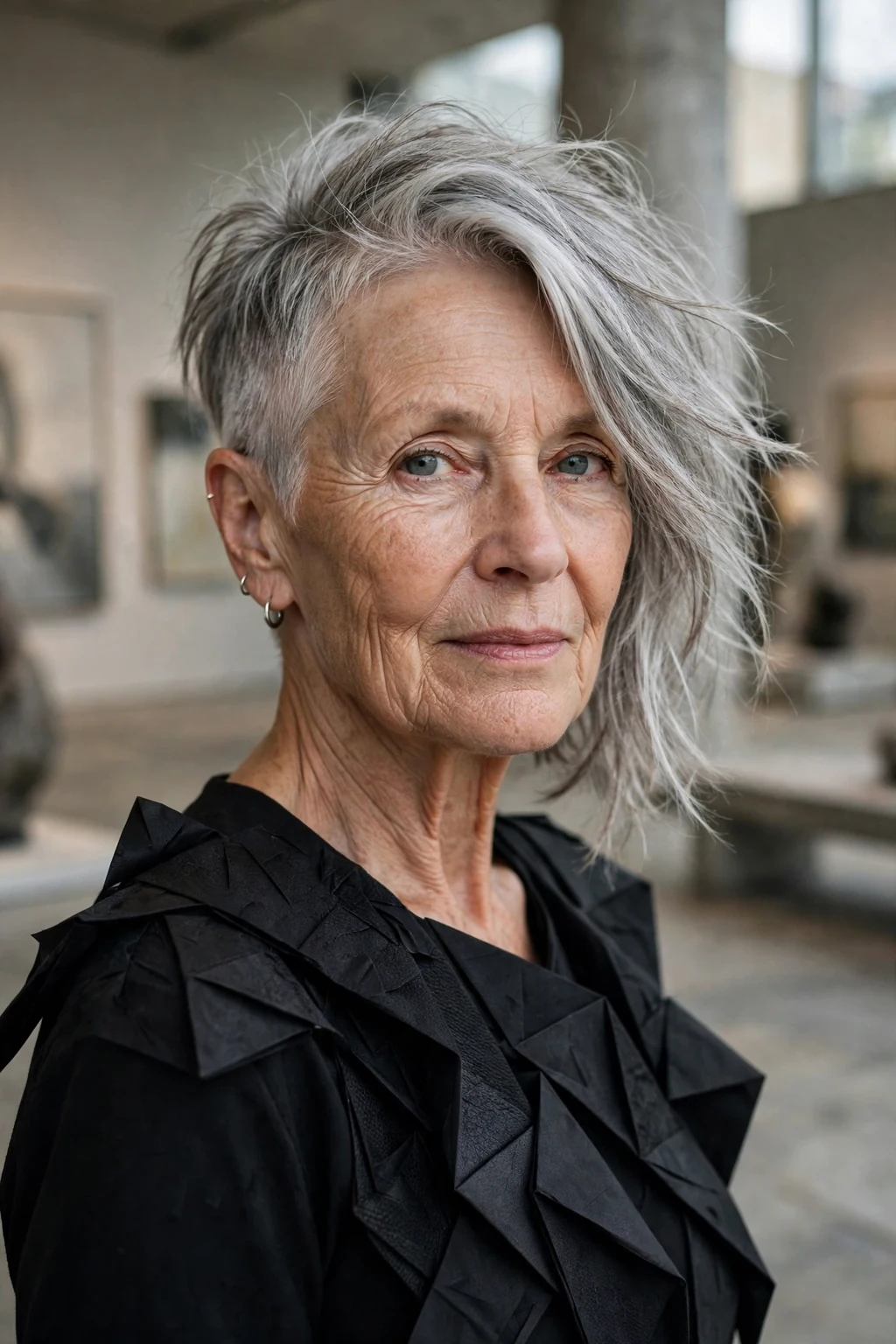 Beautiful older woman with asymmetrical wash-and-wear, bold asymmetrical cut, artistic light.