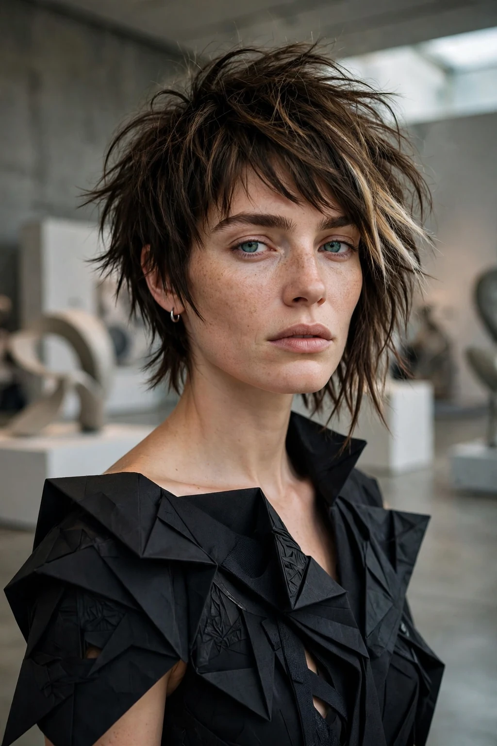 Beautiful woman with asymmetrical wolf cut, bold asymmetrical wolf, striking light.