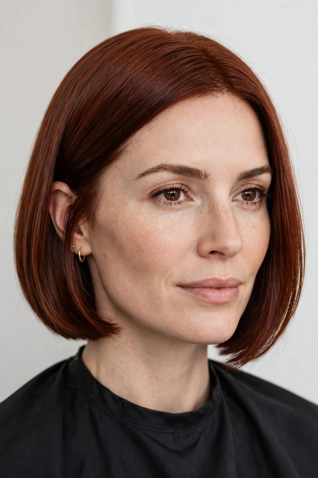 Woman with auburn bob haircut, sleek red-brown bob, polished chic light.