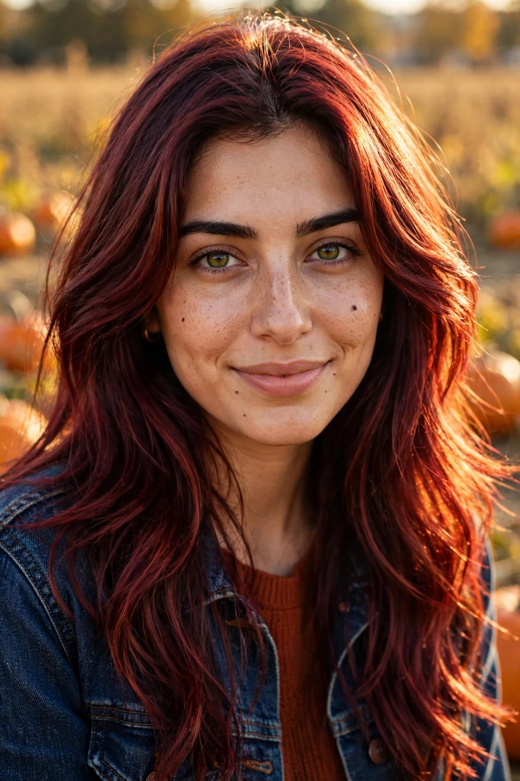 Young Middle Eastern woman in her mid-20s with an auburn burgundy blended hair color with warm red tones, in a pumpkin patch wearing a navy denim jacket.