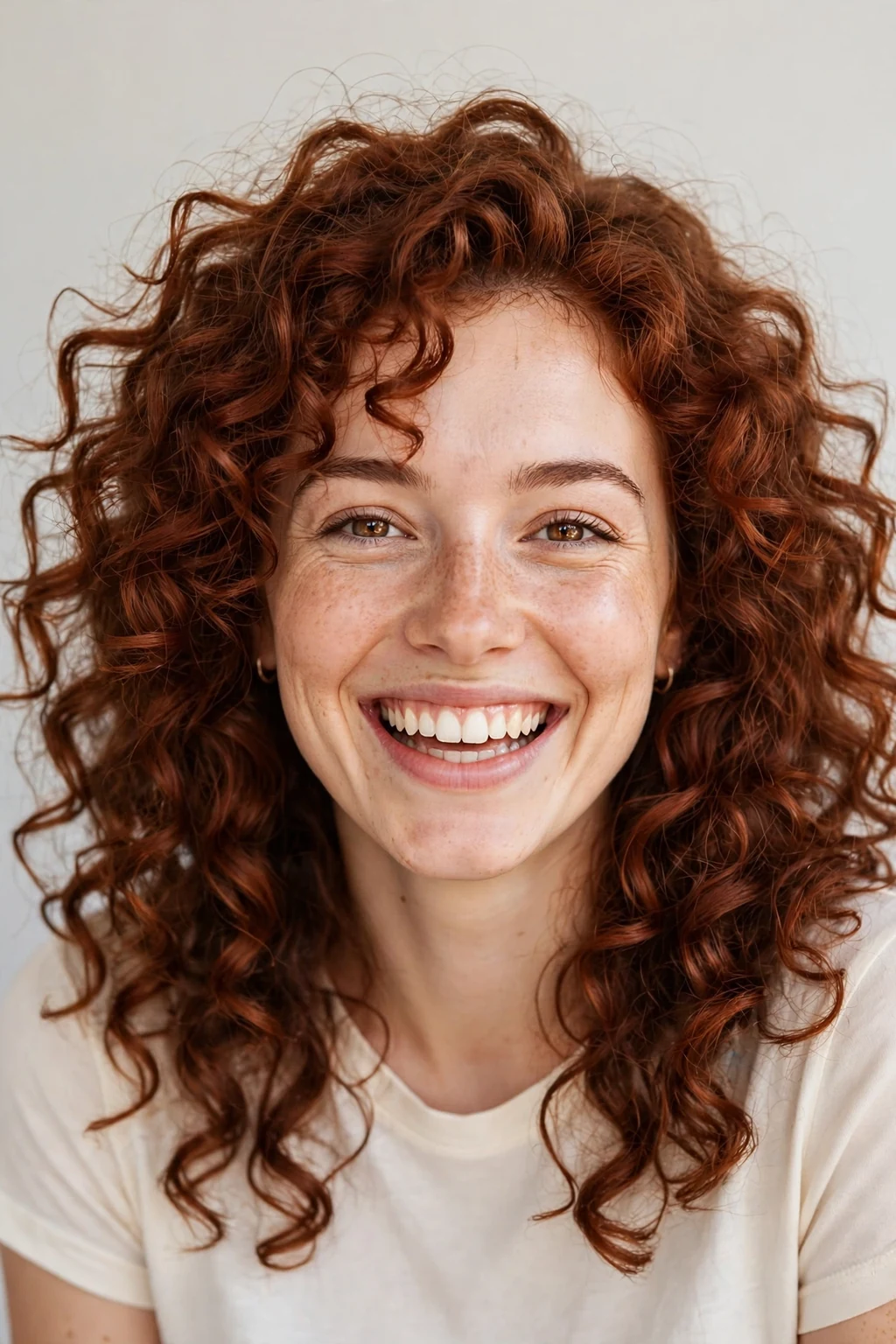 Woman with auburn curls, bouncy red-brown curls, joyful bright light.