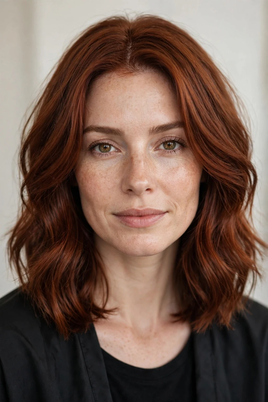 Woman with auburn lob haircut, collarbone red-brown bob, chic lighting.