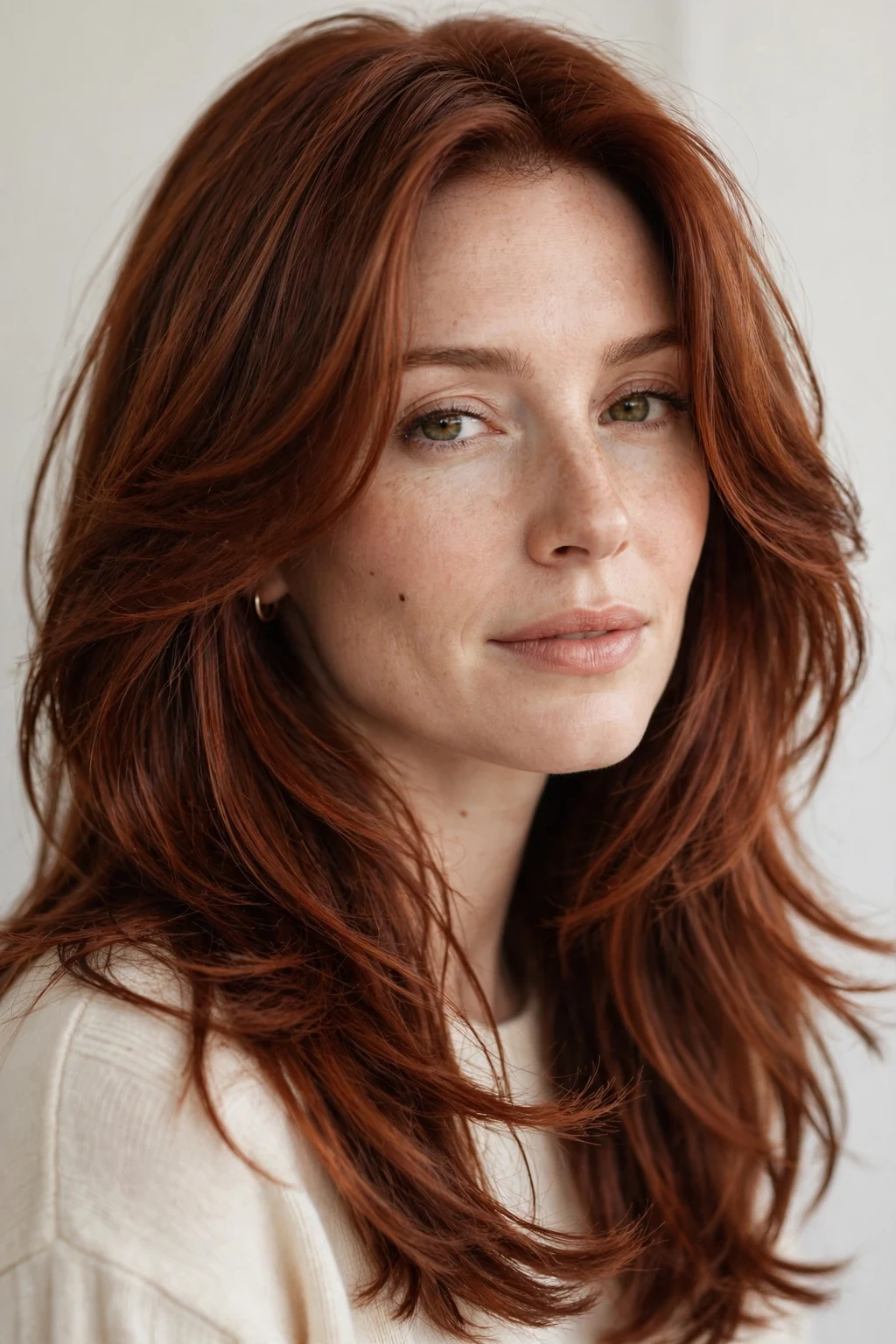 Woman with auburn long layers, flowing dimensional long hair, elegant light.
