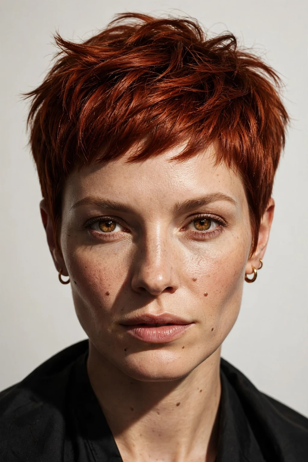 Woman with auburn pixie cut, short vibrant red-brown pixie, bold chic light.