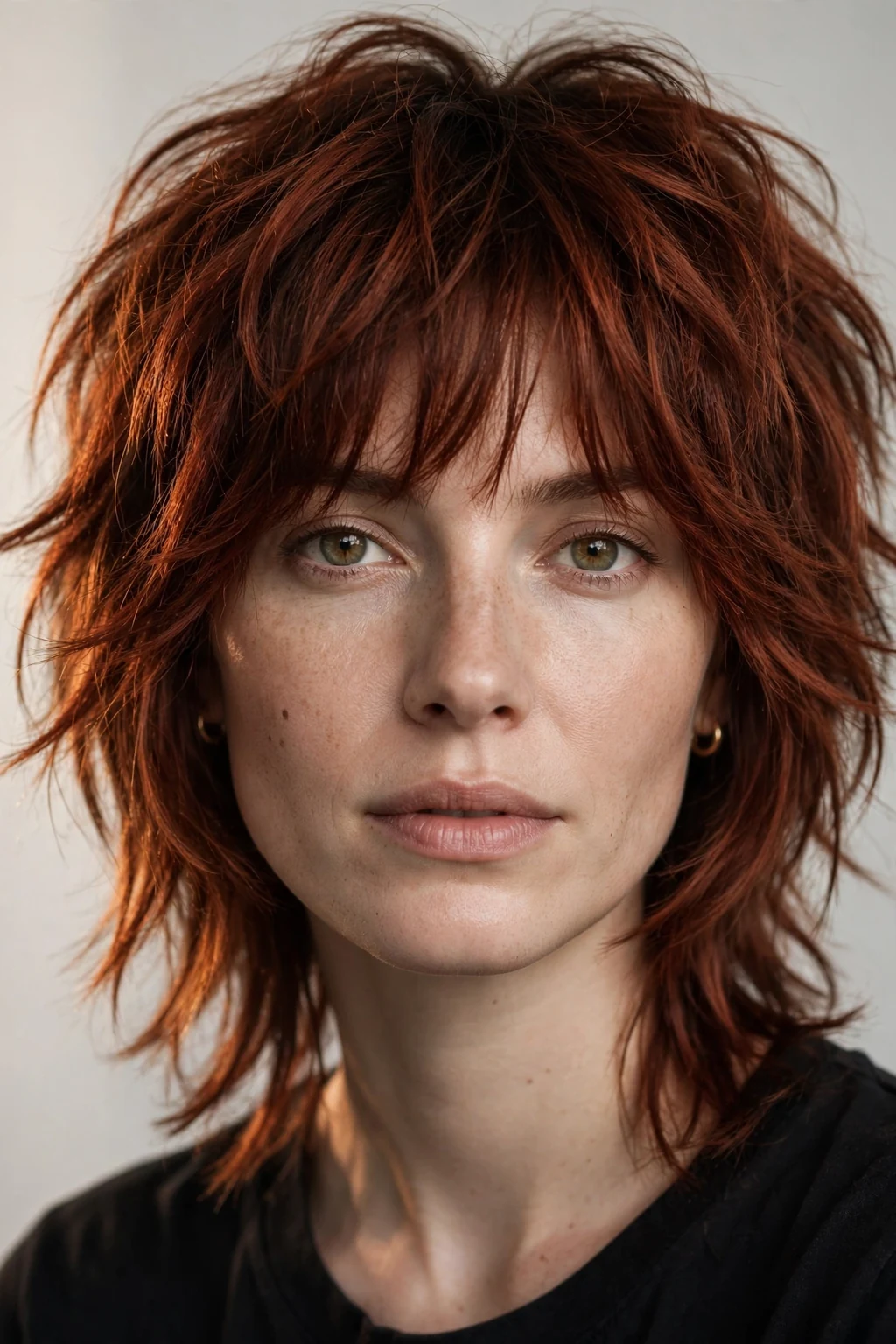 Woman with auburn shag haircut, textured rock-inspired cut in auburn, edgy light.
