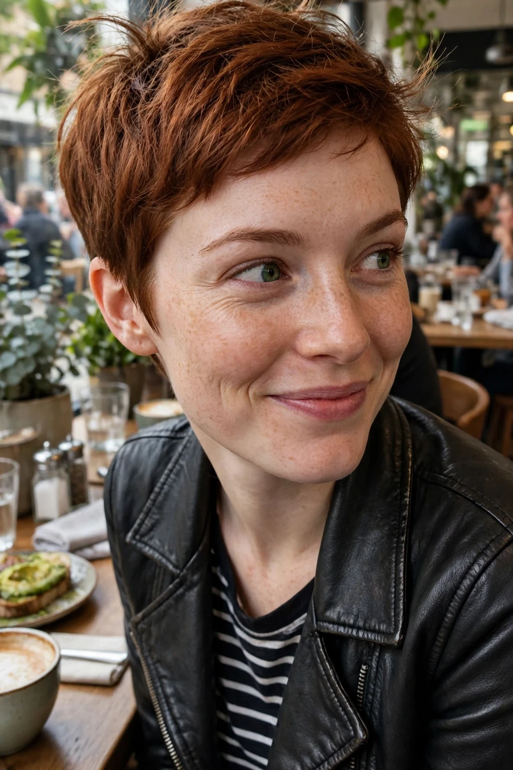 A young woman with an auburn tapered pixie haircut, warm auburn textured layers over neatly tapered sides.
