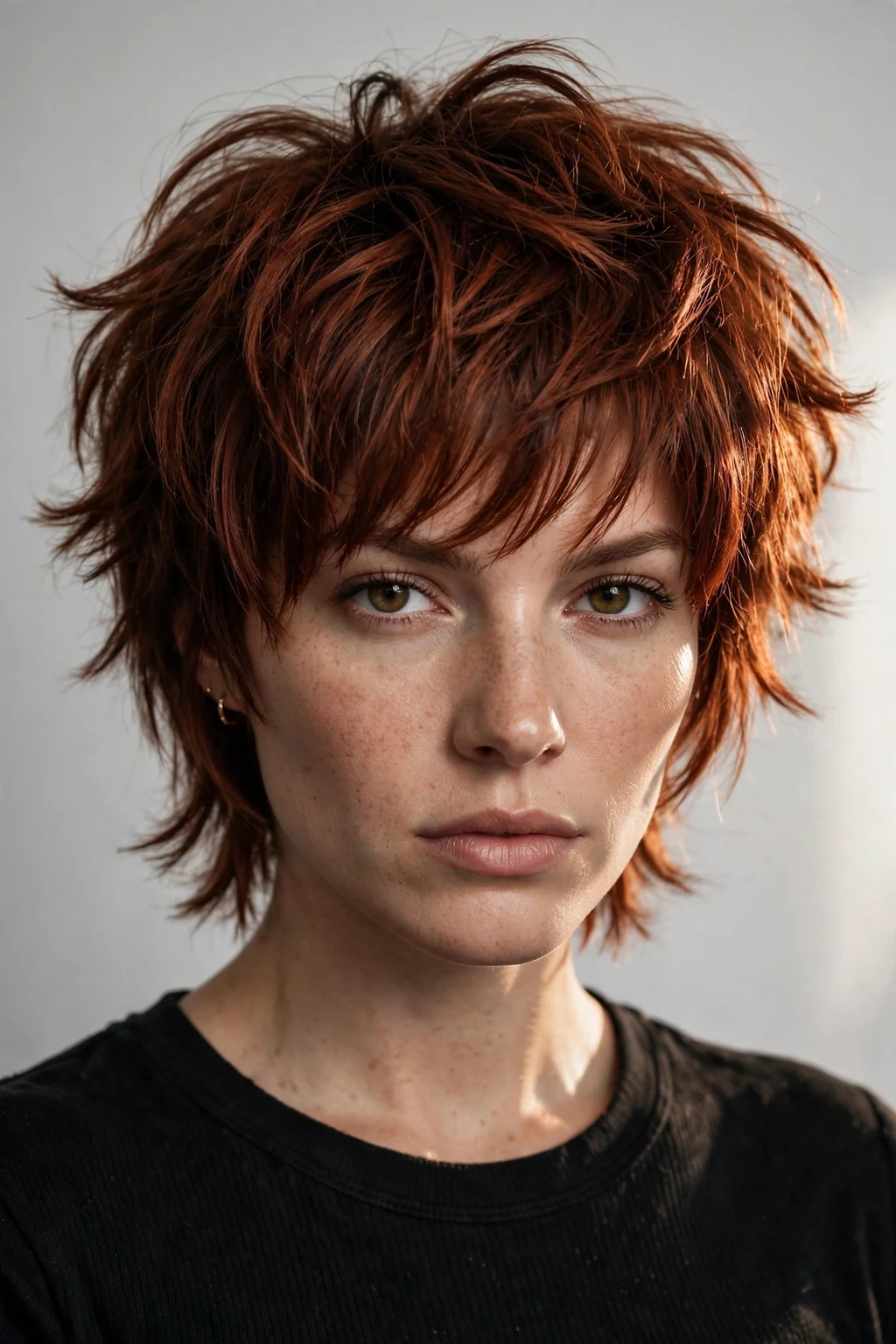 Woman with auburn wolf cut, edgy layered cut in red-brown, trendy fierce light.