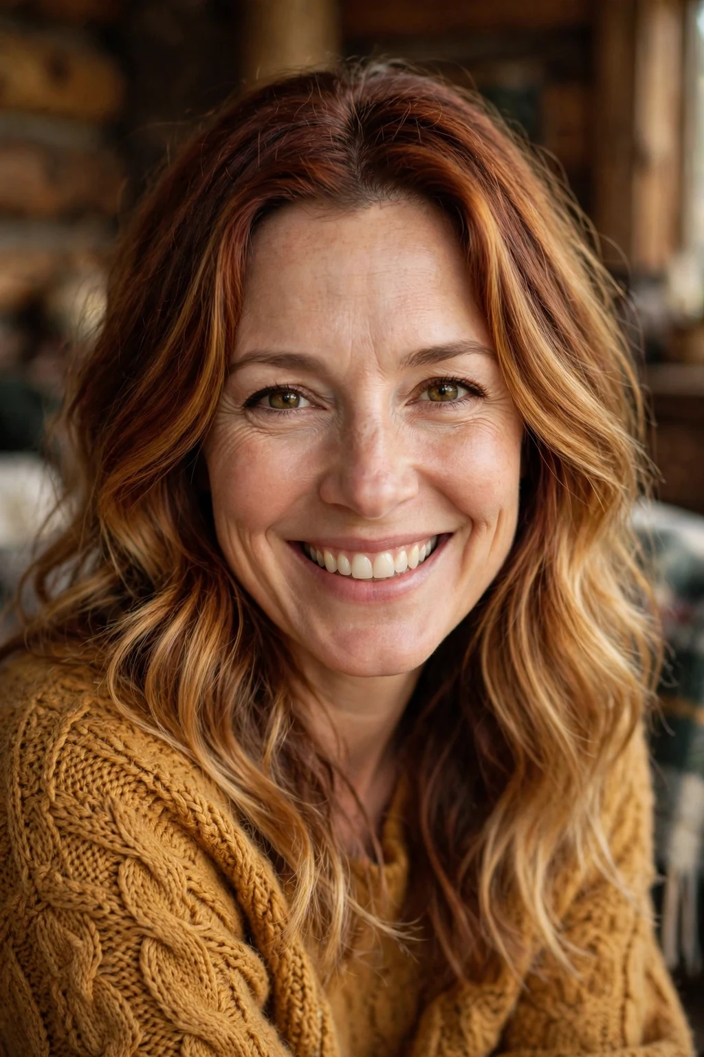 Beautiful woman with auburn to honey blonde transformation, rich auburn to honey, warm light.