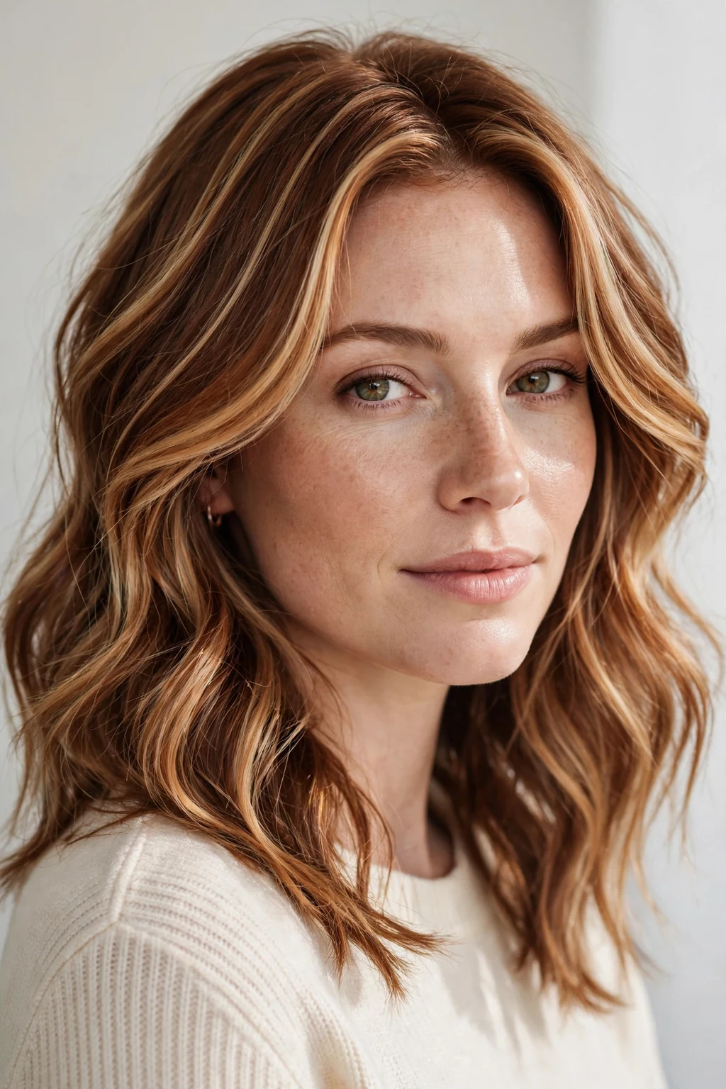 Woman with auburn hair and blonde highlights, warm contrast pieces, bright light.