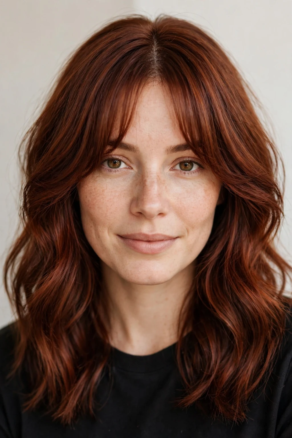 Woman with auburn hair and curtain bangs, parted fringe with red-brown hair, soft light.