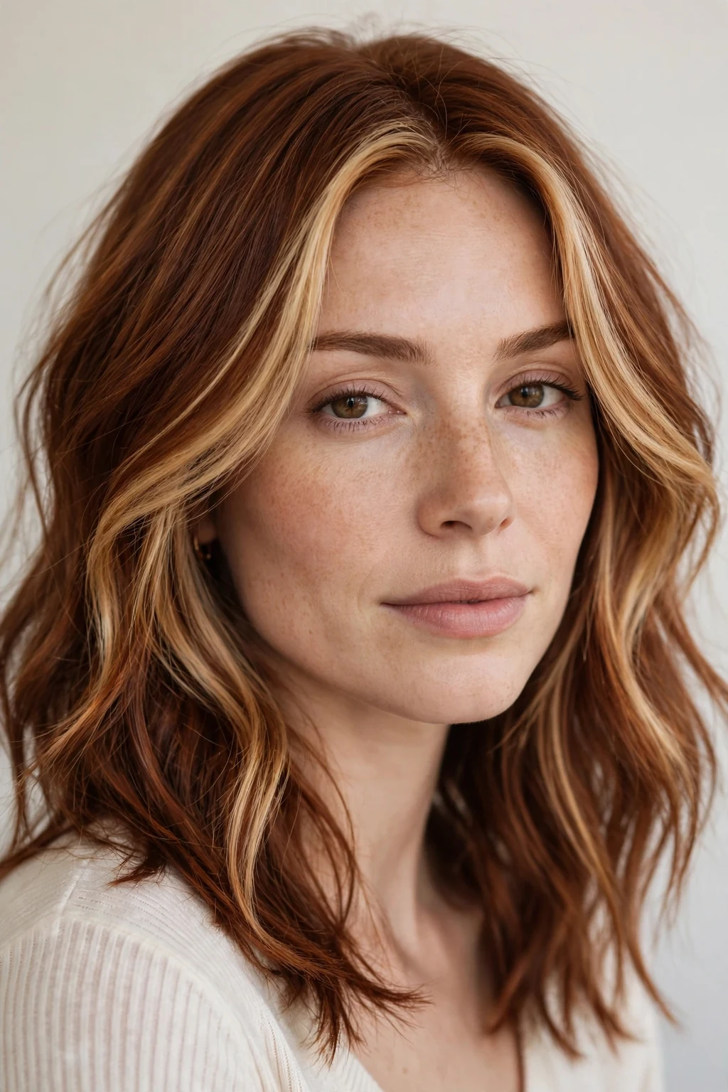 Woman with auburn hair and face-framing highlights, bright front pieces, flattering light.