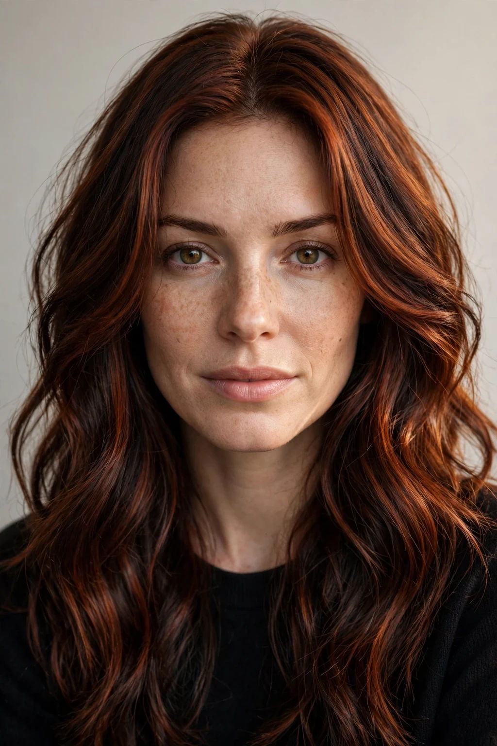 Woman with auburn hair and lowlights, darker depth pieces, rich dimensional light.