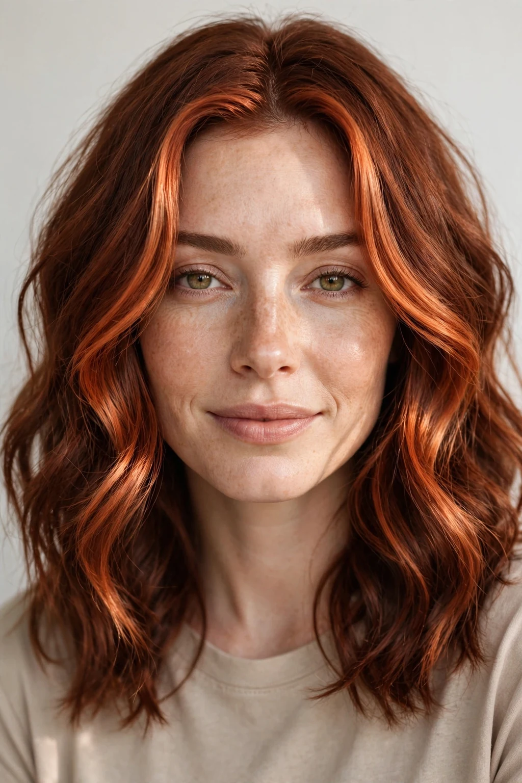 Woman with auburn hair and money piece, bright face-framing color, radiant light.