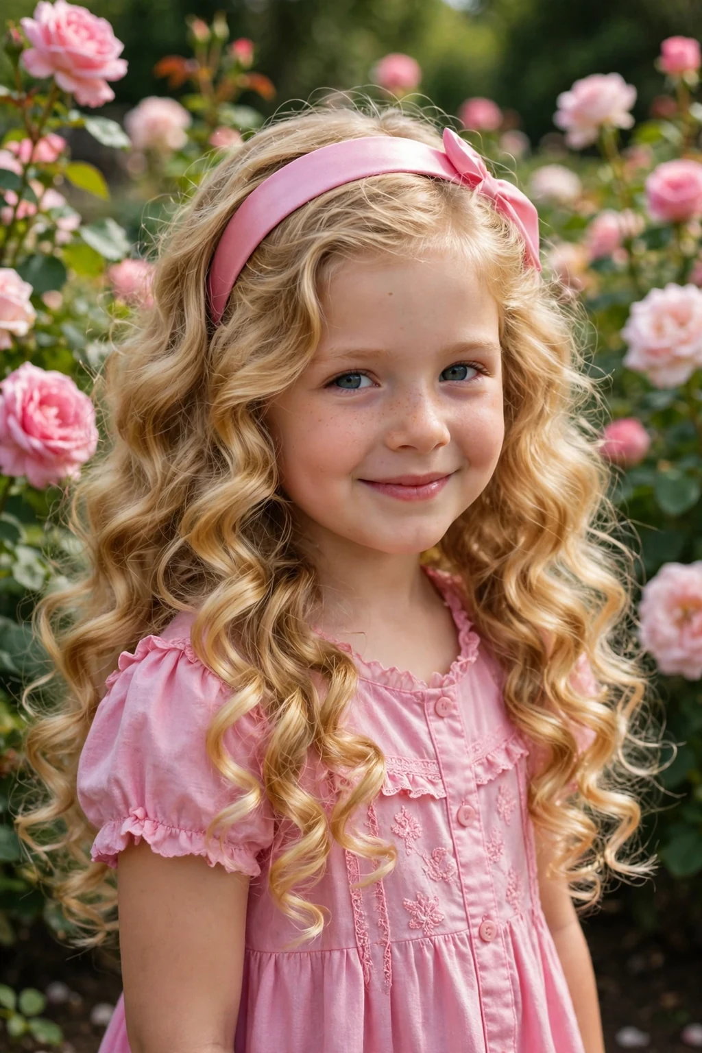 A young girl with long golden bouncy curls and a pink headband in a rose garden.