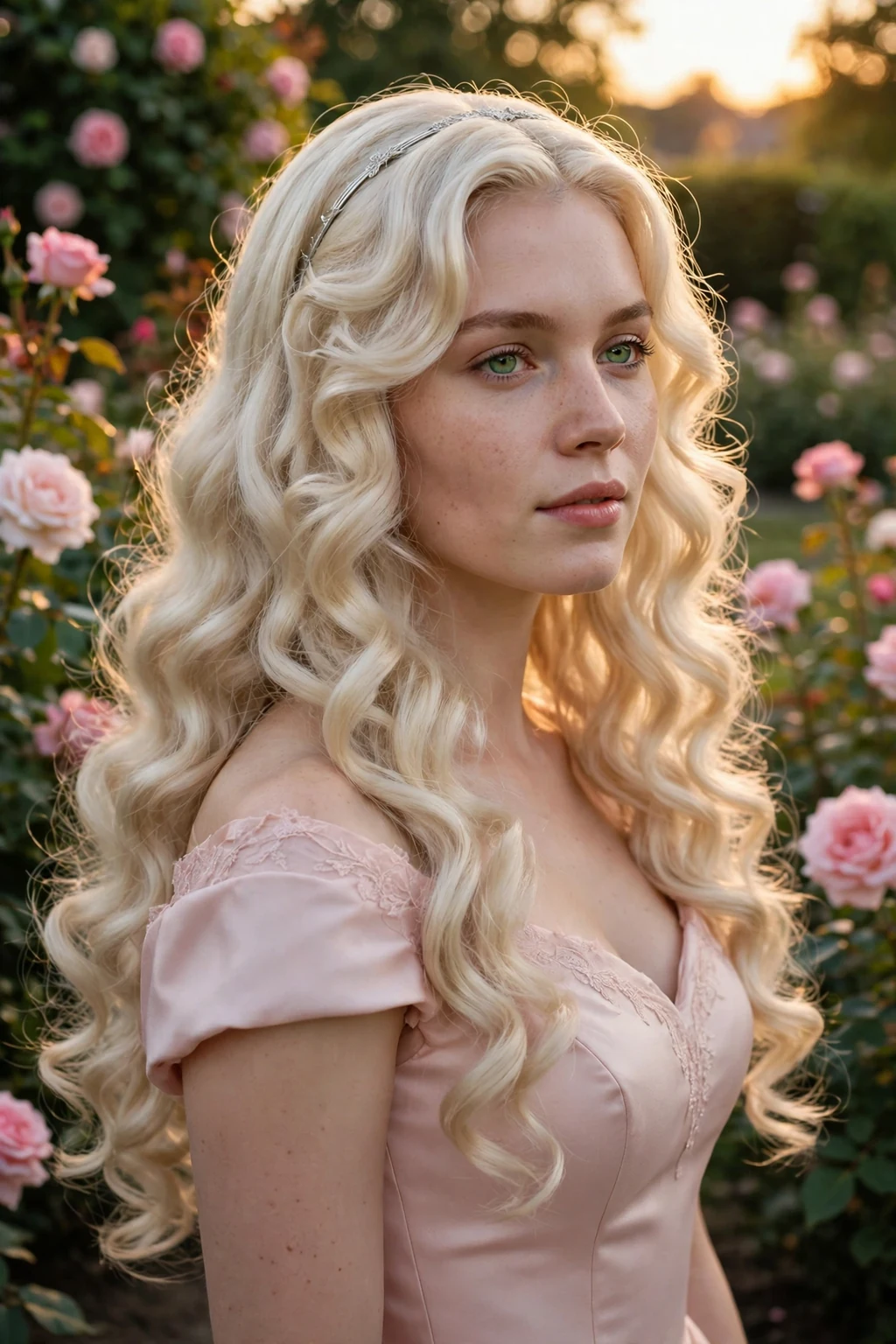 Young woman with Aurora-style soft sleeping beauty curls with a headband, wearing a blush pink gown.