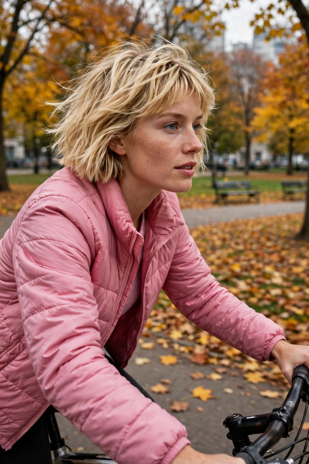 Young woman with an autumn blonde choppy bob, cycling in a city park wearing a pink jacket.