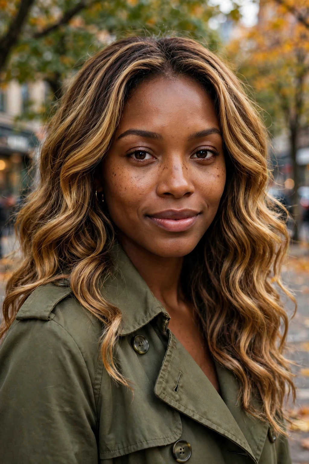 Young woman with autumn gold balayage hair in long waves, wearing a olive green trench coat on a leafy street.