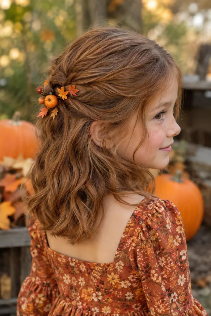 Autumn leaf half-up Halloween hairstyle for kids