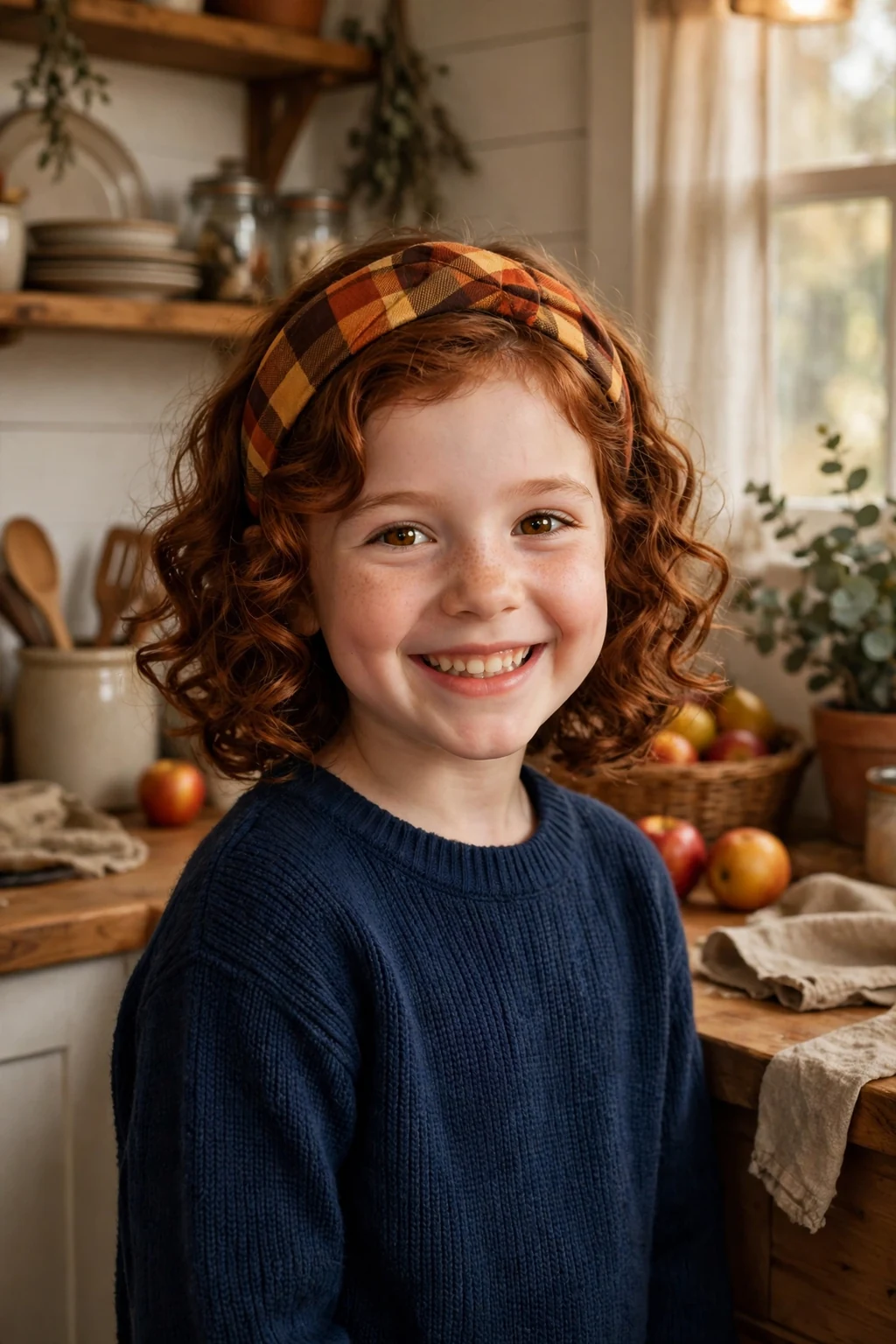 A young girl with bouncy curls and a plaid headband, wearing a navy sweater in a farmhouse kitchen.