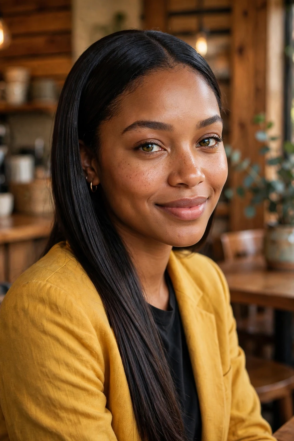 Young Black woman with a sleek autumn silk press, glossy straight hair falling past her shoulders, in a cozy cafe.