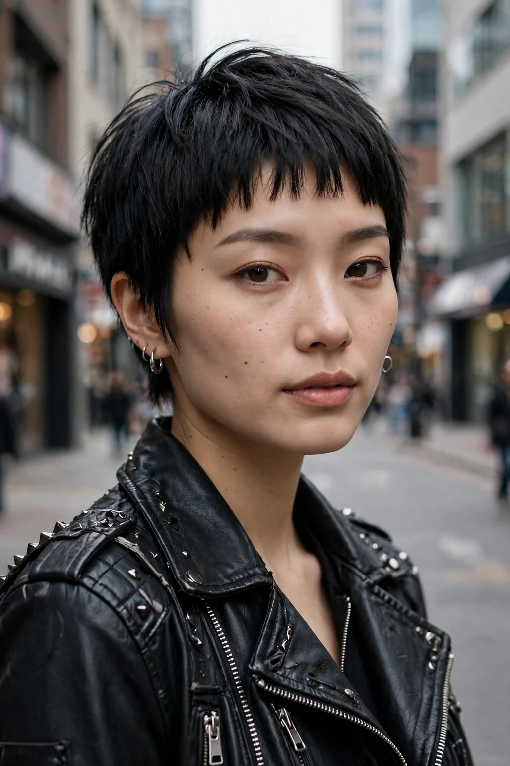Beautiful woman with baby bangs pixie, edgy baby bangs pixie, bold light.