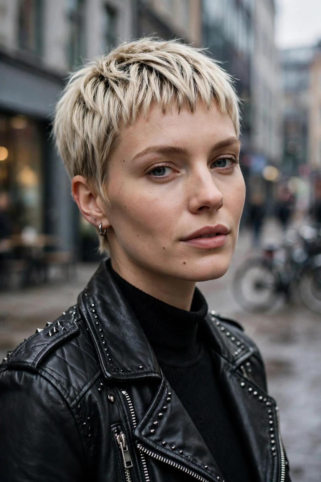 Beautiful woman with baby bangs pixie, edgy baby bangs pixie, bold light.