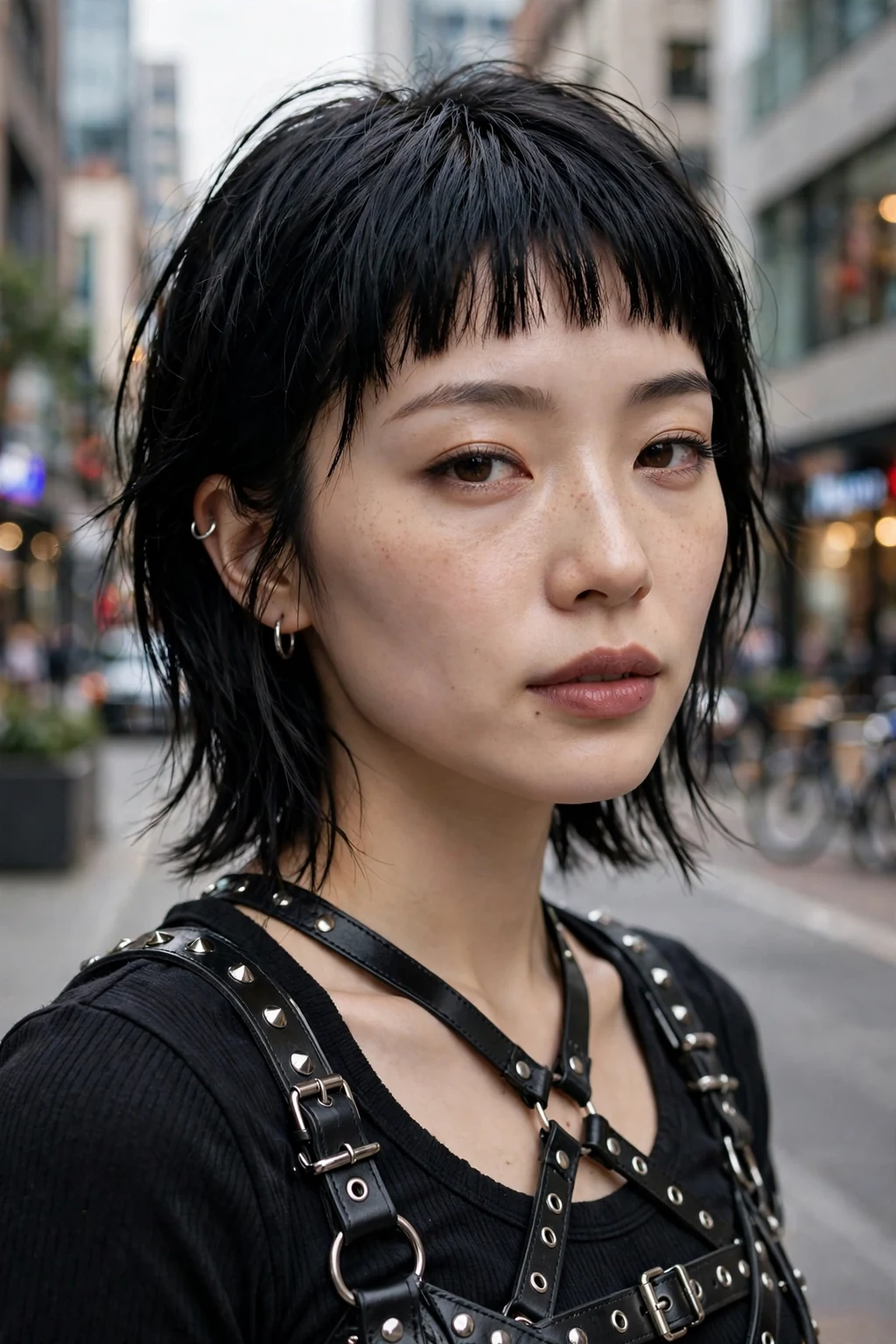 Beautiful woman with baby bangs, edgy baby bangs, bold light.