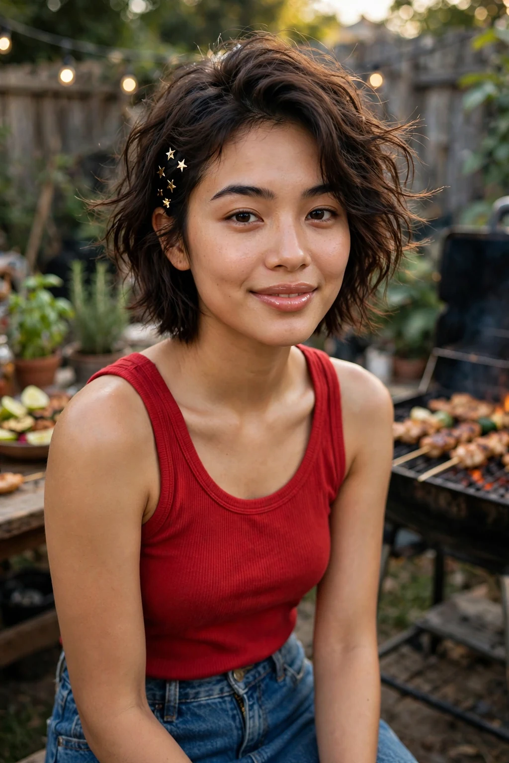 Young woman with a textured lob and star clips at a backyard barbecue.