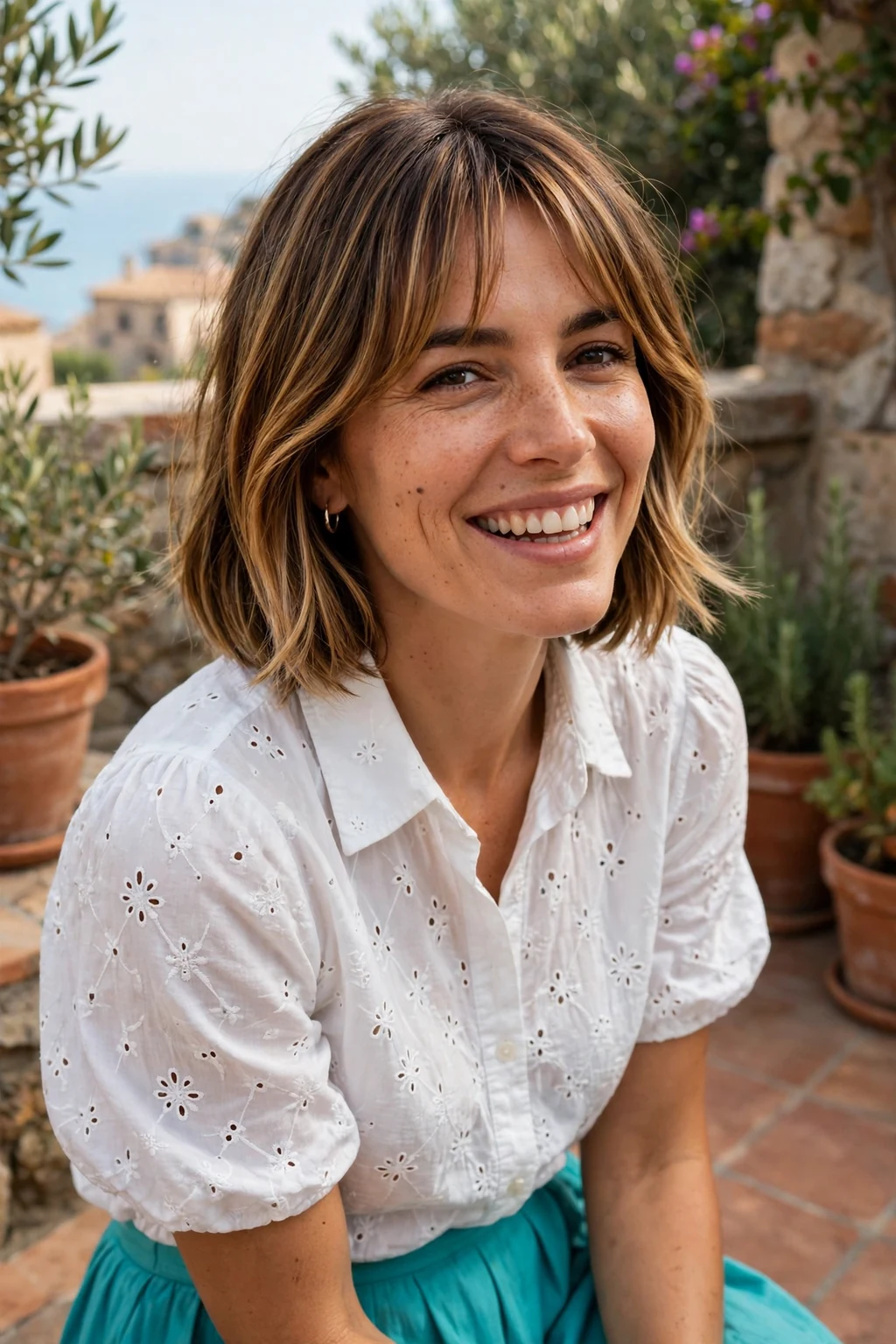 Young woman with a balayage bob with face-framing bangs hairstyle, sun-kissed and dimensional.