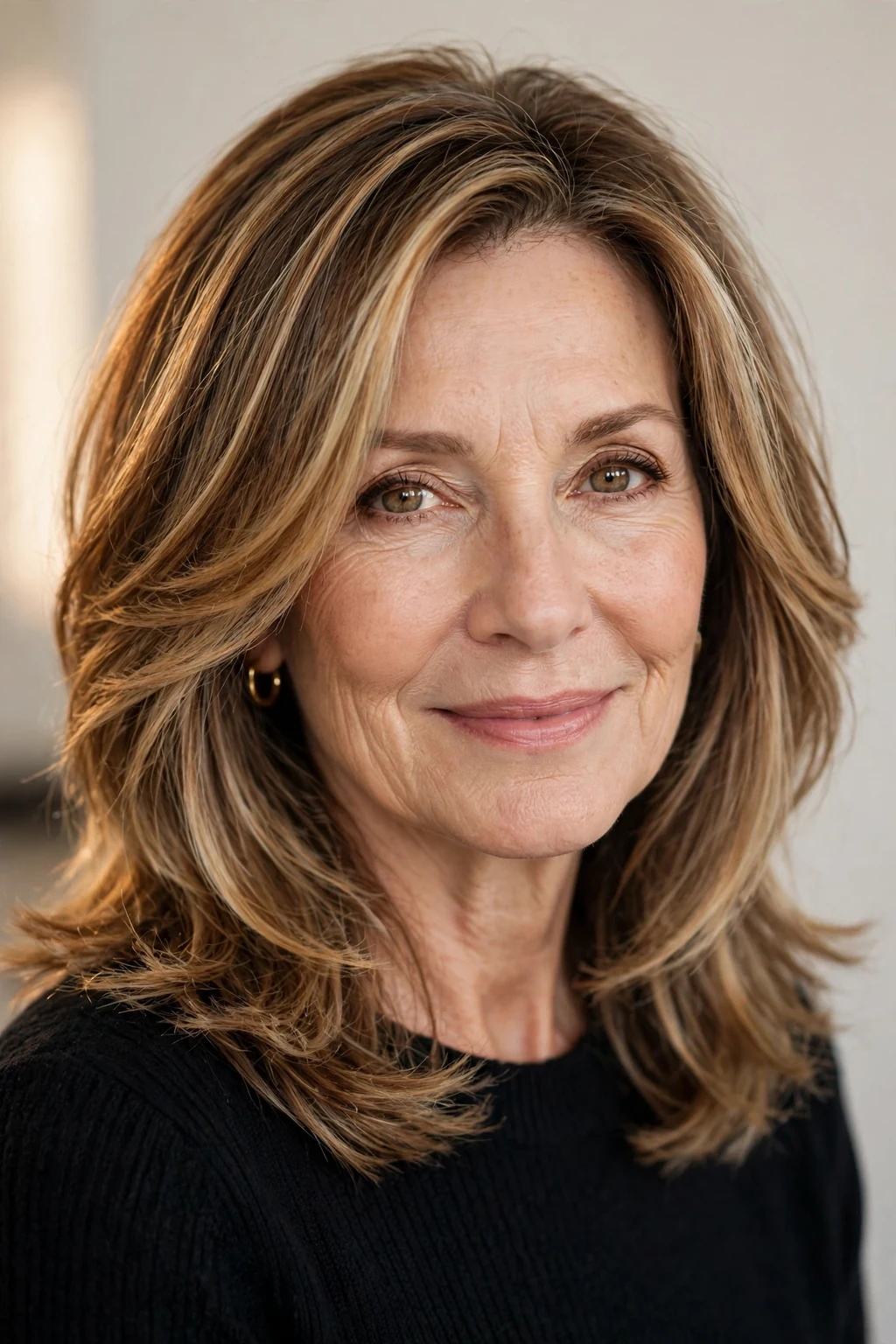 Elegant older woman with balayage shoulder layers, glowing dimensional color, warm light.