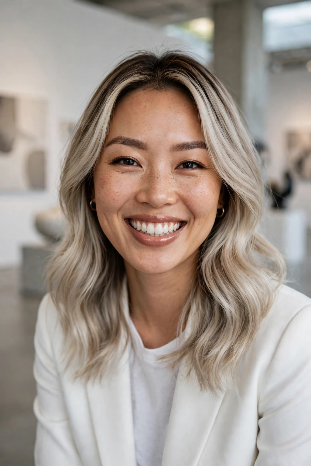 Beautiful woman with balayage to platinum transformation, soft balayage to platinum, striking light.