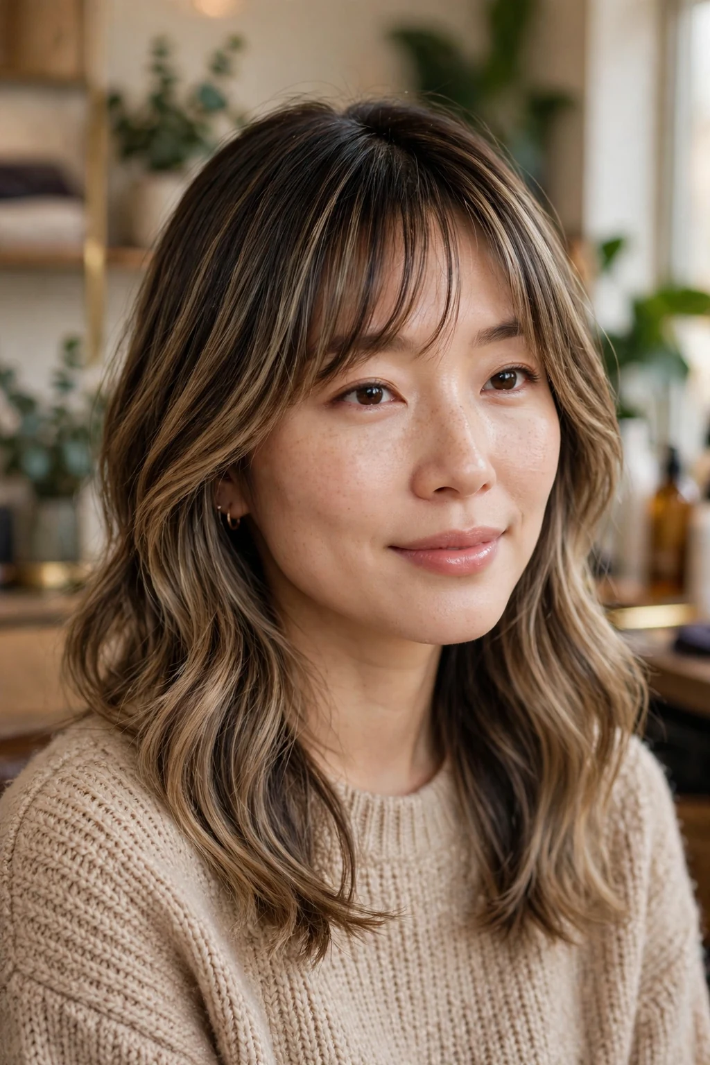 Beautiful woman with curtain bangs and balayage, dimensional balayage with bangs, luminous light.