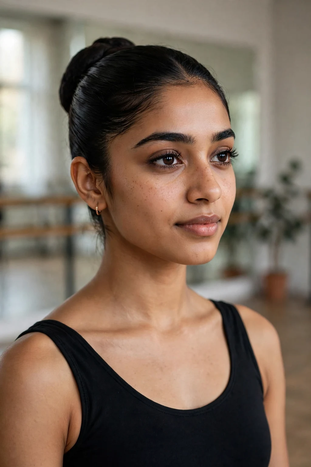Beautiful woman with ballerina bun updo, sleek ballerina bun, graceful light.