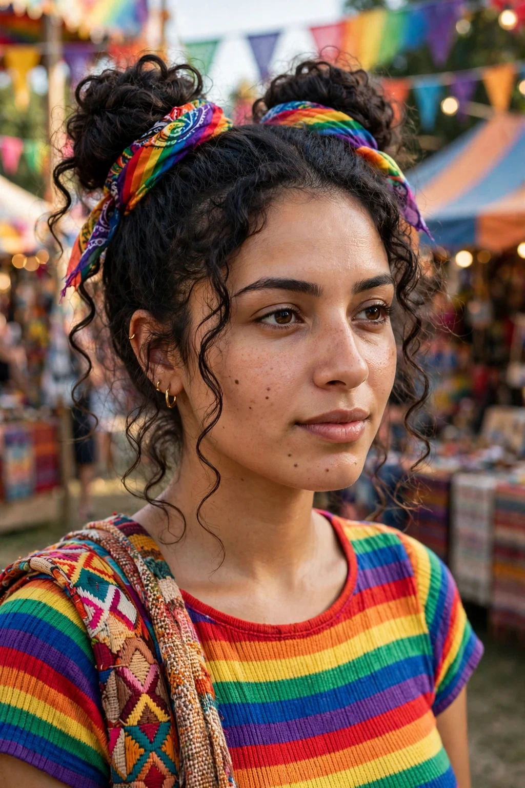 Young woman with festival double buns wrapped in a rainbow bandanna.